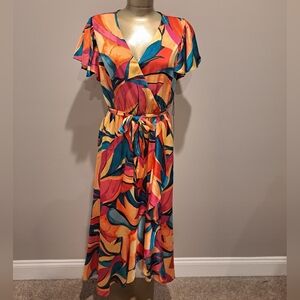 Nicole Miller Colorful Abstract Fun & Flirty Faux Wrap Midi Dress
